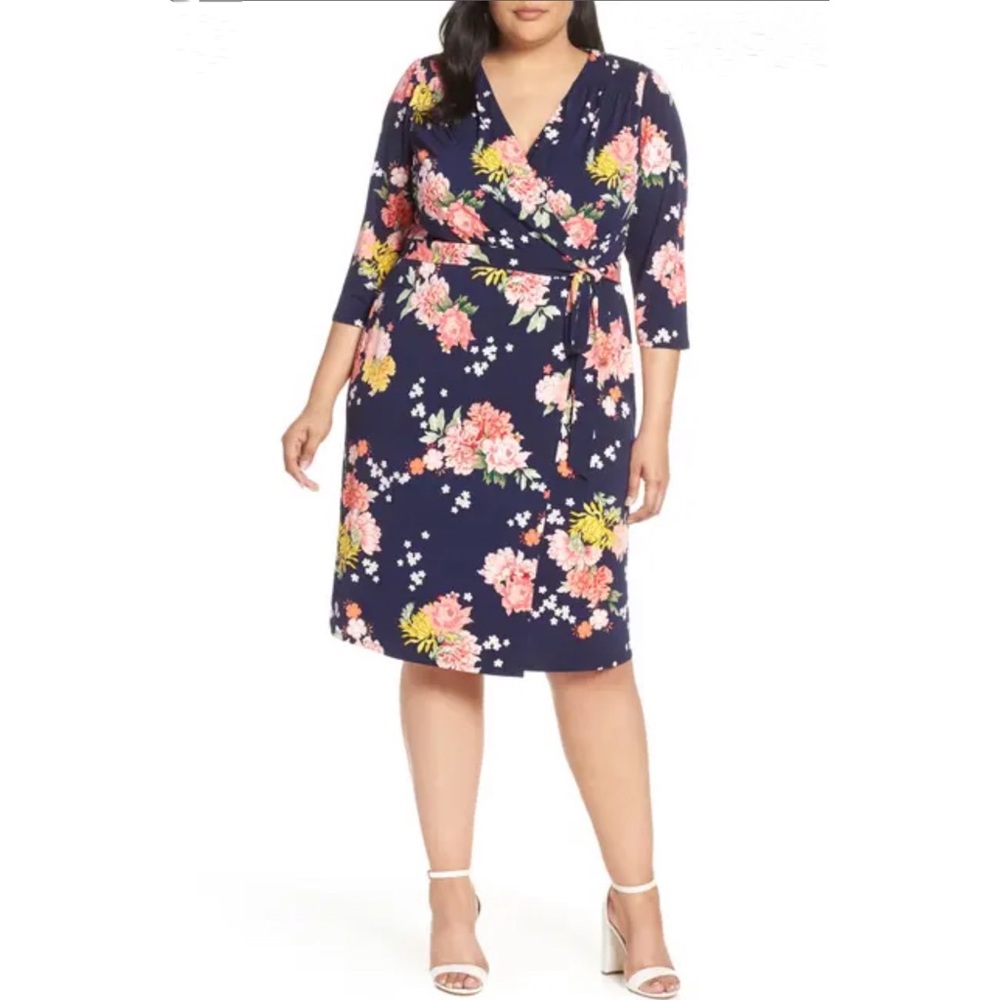 Eliza J Floral Faux Wrap Surplice Dress Navy 16W